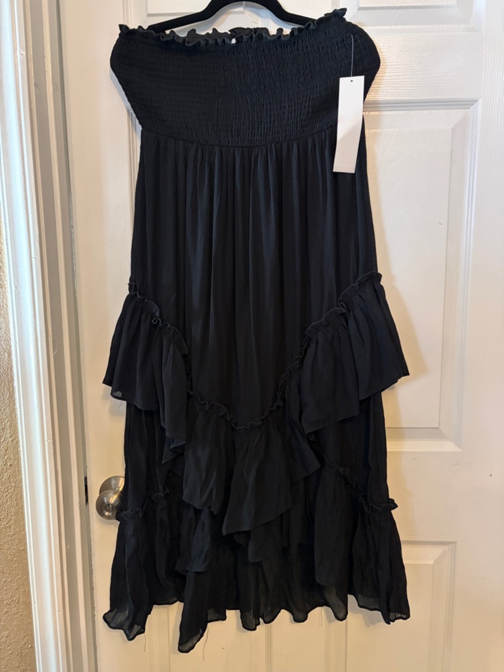 Strapless Ruffle Midi Dress in Black